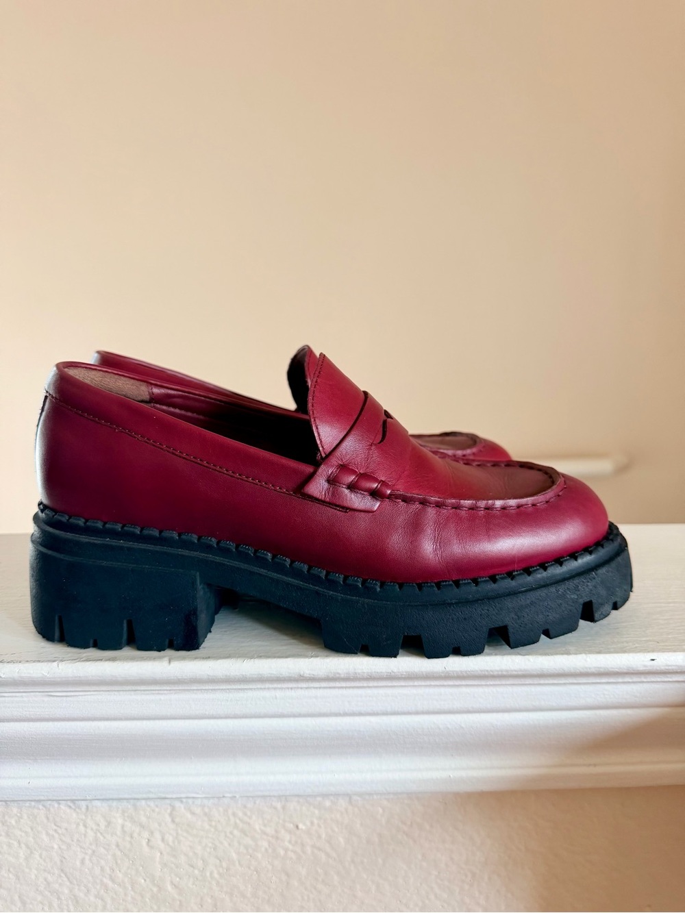 Free People Burgundy Leather Lug-Sole Platform Loafers